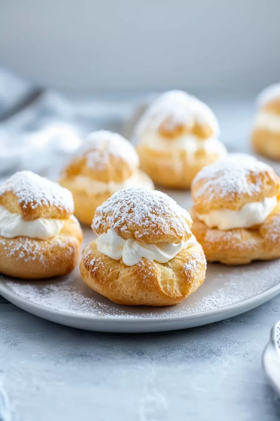 Cream puffs with a light dusting of powdered sugar, elegantly displayed in a cozy kitchen setting.