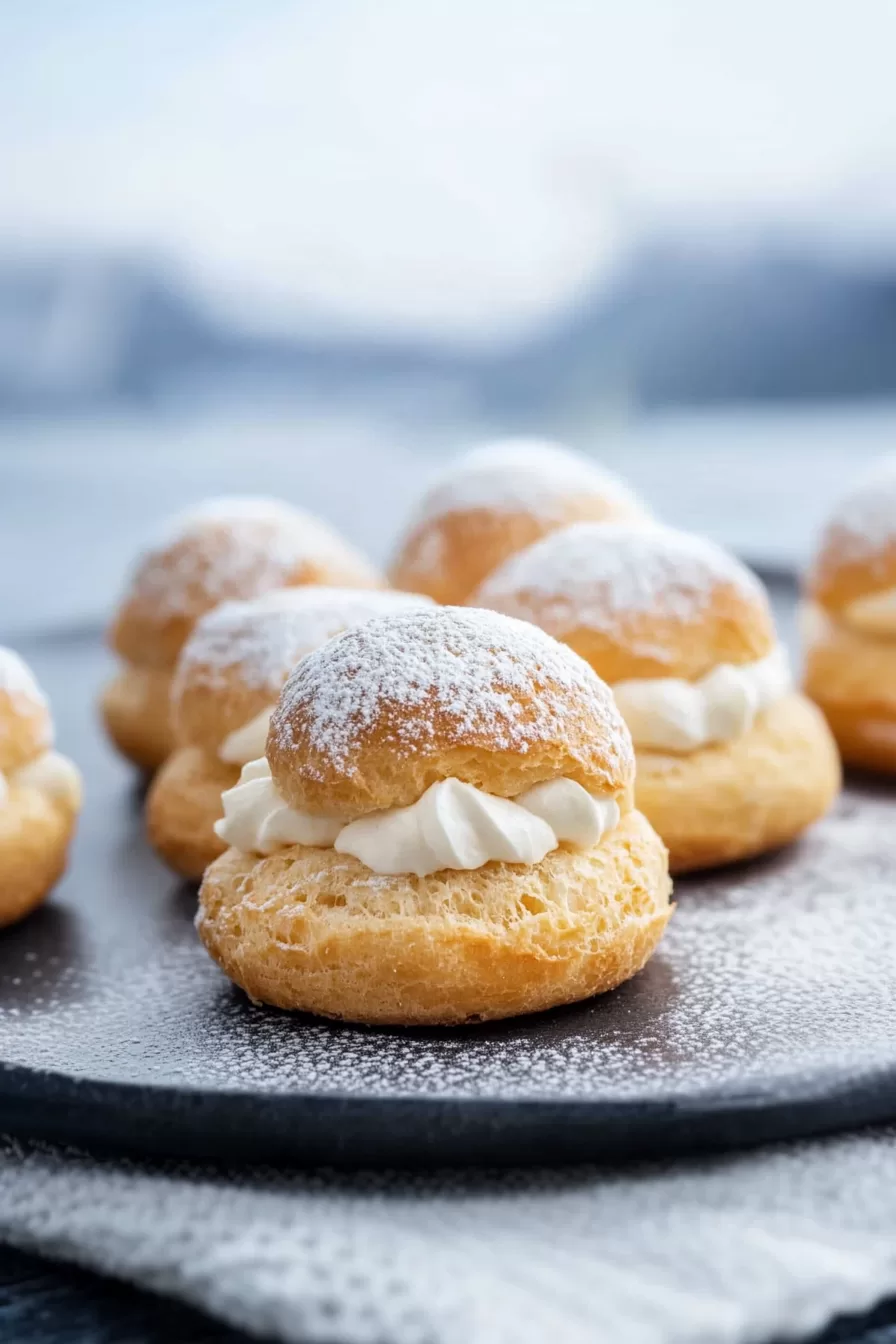 Perfectly baked cream puffs with whipped cream peeking through, highlighting their airy texture.