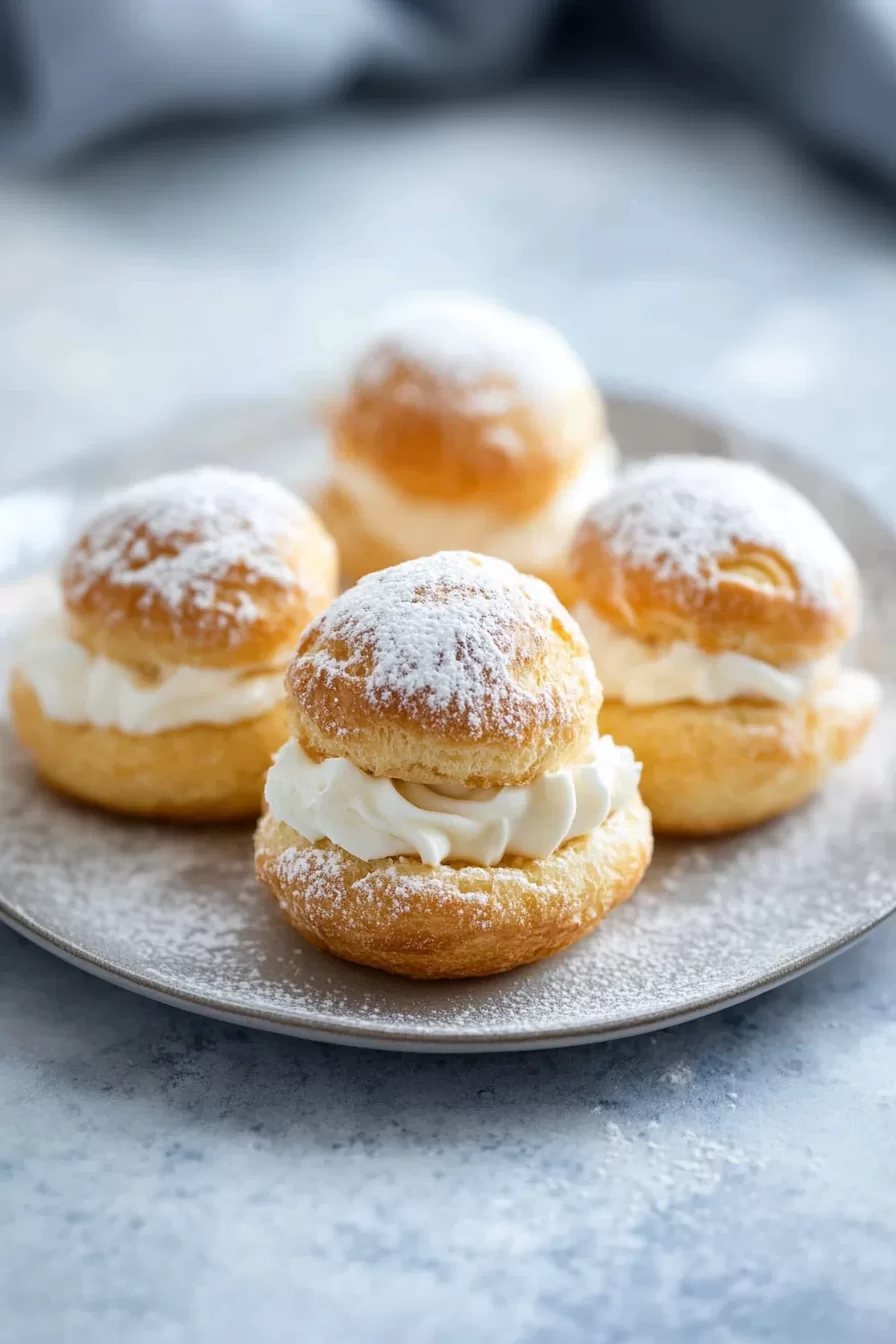 A tray of cream puffs dusted with sugar, ready to serve for a delightful dessert experience.