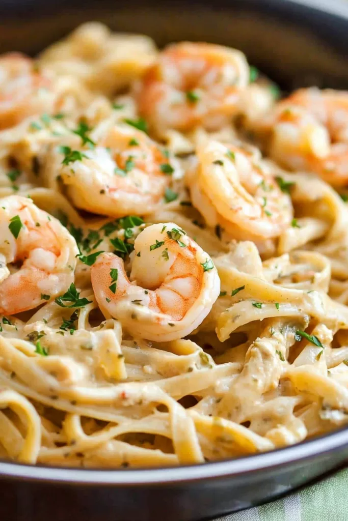 Close-up of golden shrimp nestled in a creamy sauce over fettuccine, garnished with fresh parsley.