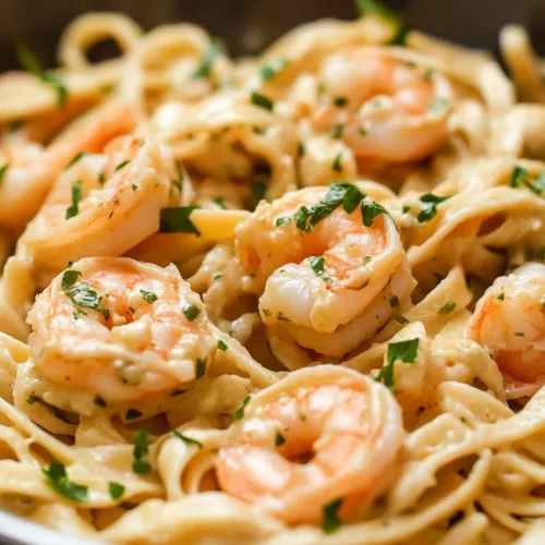 Thick fettuccine coated in a smooth sauce, paired with juicy shrimp and a hint of fresh herbs.