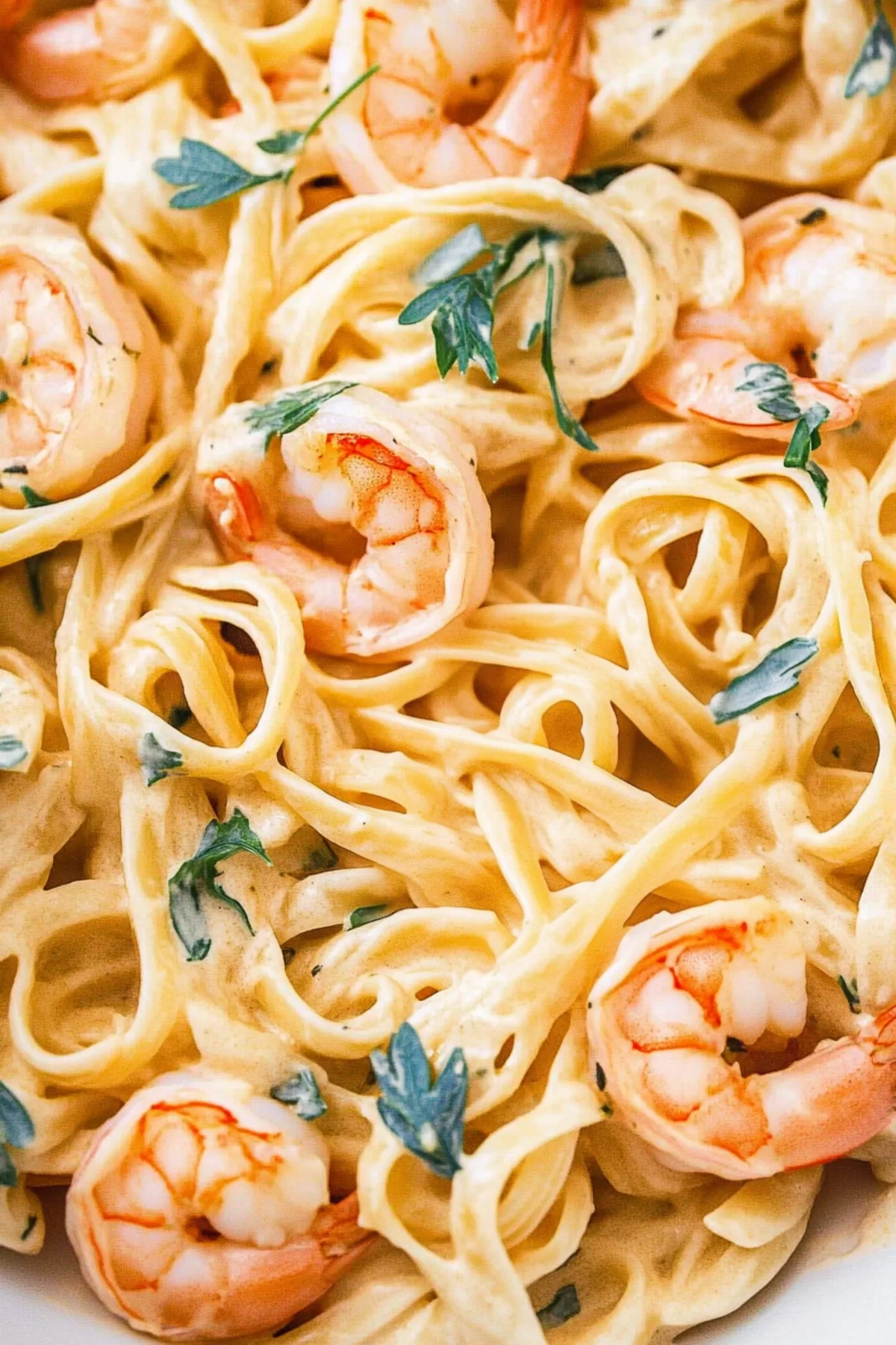 Creamy, indulgent pasta paired with tender shrimp and a garnish of chopped parsley for a pop of color.