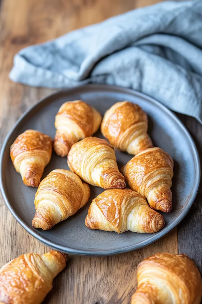 Golden, flaky crescents arranged on a gray plate, highlighting their delicate layers.