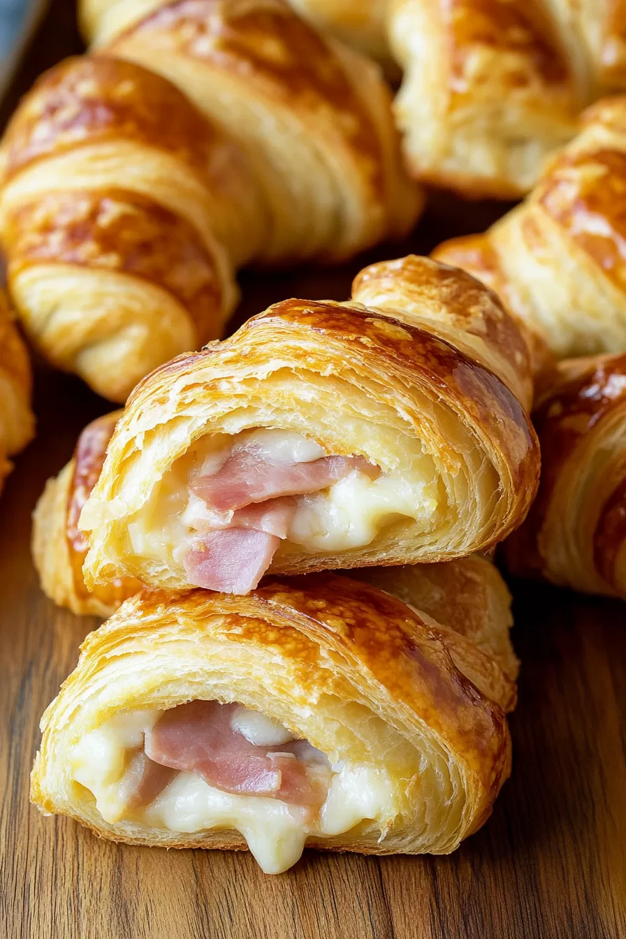 A close-up of a sliced crescent roll revealing gooey cheese and slices of ham inside.