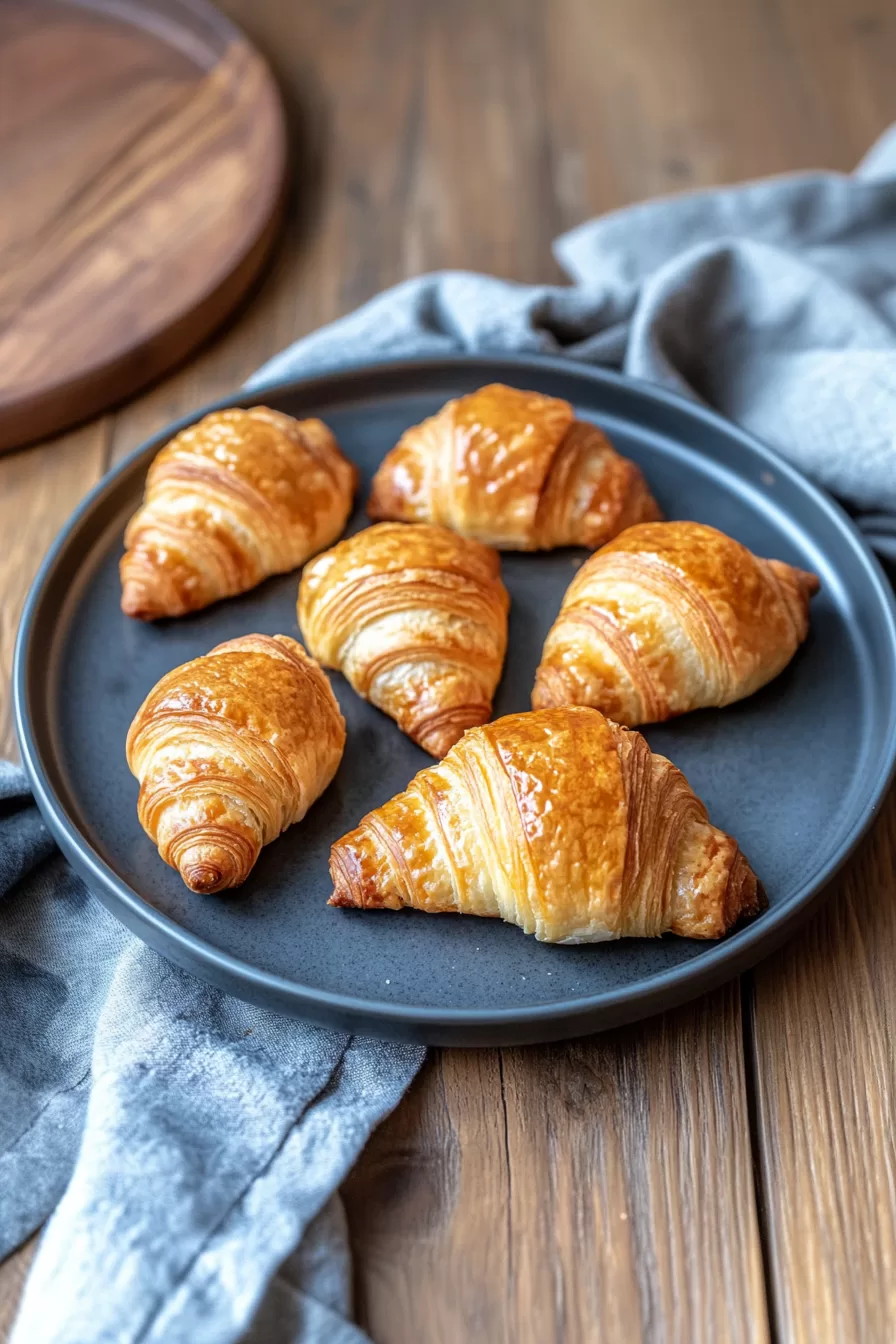 Six perfectly baked crescent rolls displayed on a rustic gray plate with a linen napkin.