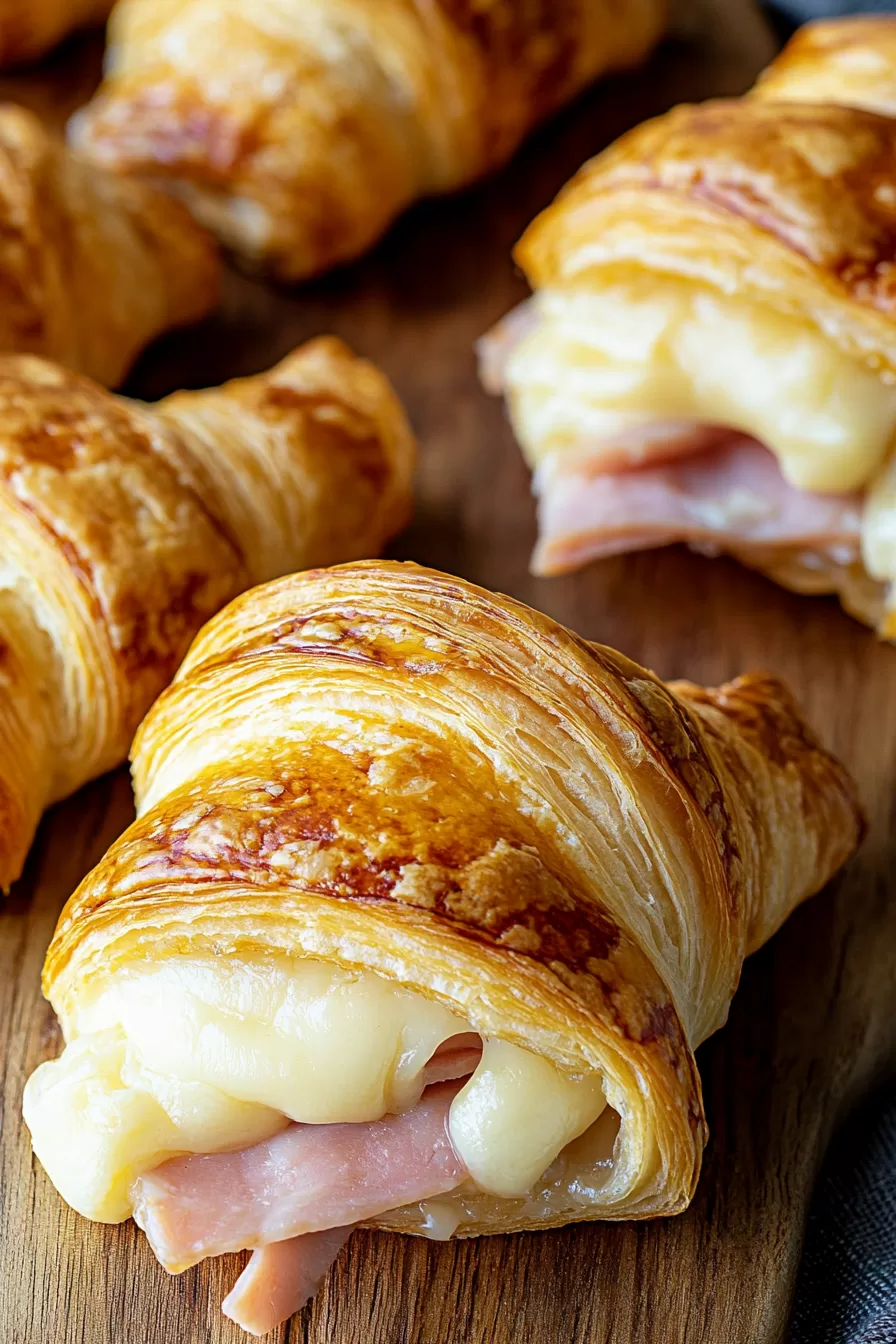 Warm, freshly baked crescents with a glossy golden crust and visible cheesy filling.