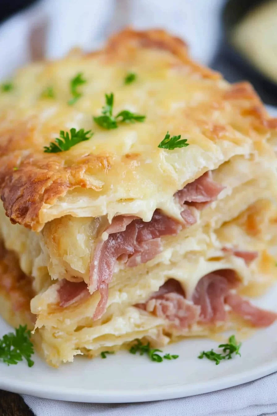 A golden, flaky slice of crescent Reuben bake filled with layers of melted cheese and corned beef, garnished with fresh parsley.