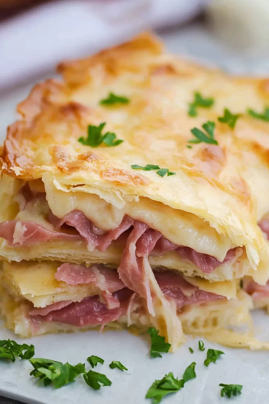 Close-up of the crescent Reuben bake showing the crispy crust and gooey cheese pulling away with the layers of beef.