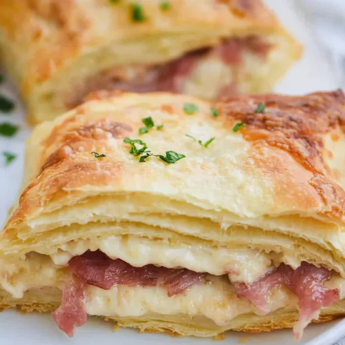 A perfectly baked crescent Reuben pastry on a plate, featuring buttery layers and a hearty filling.