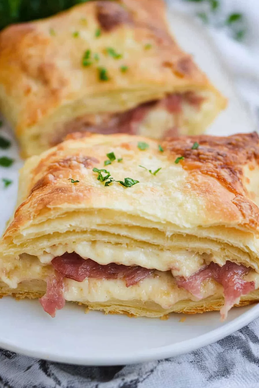 A perfectly baked crescent Reuben pastry on a plate, featuring buttery layers and a hearty filling.