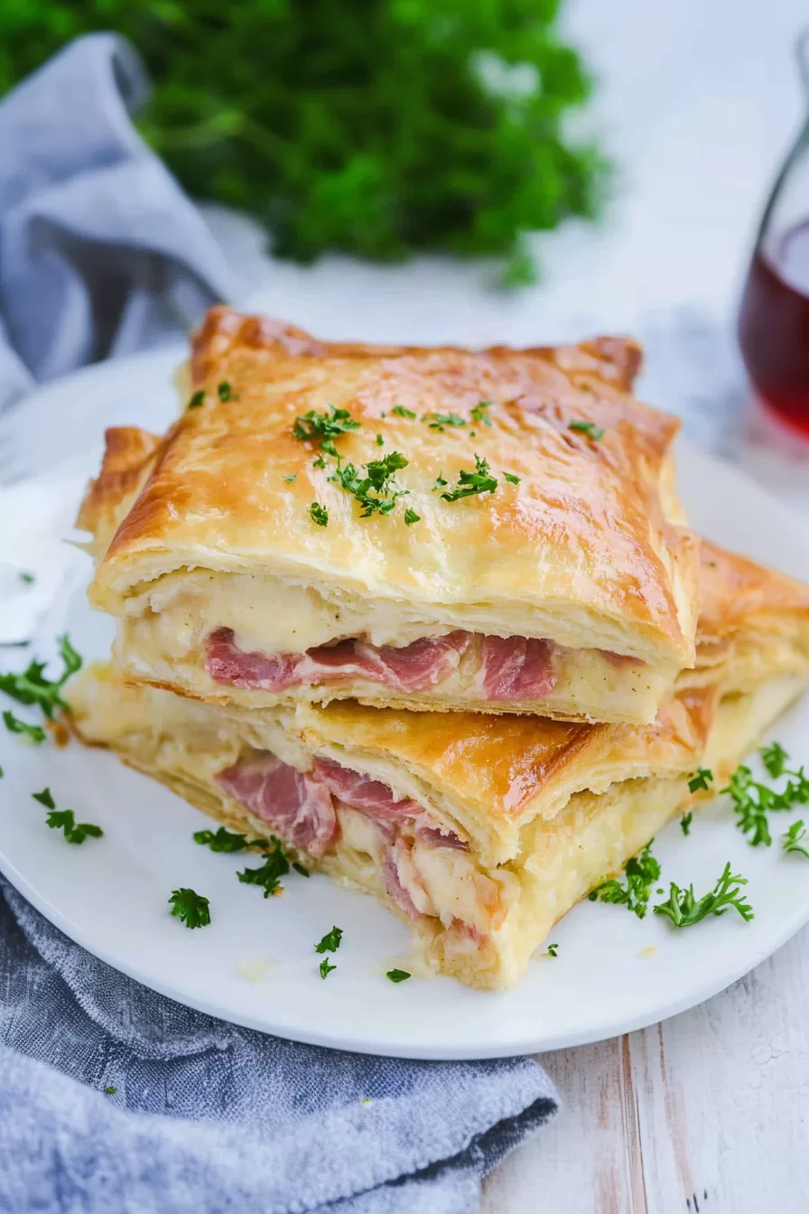 Stacked slices of crescent Reuben bake showcasing the flaky pastry and melted cheese oozing between layers of corned beef.