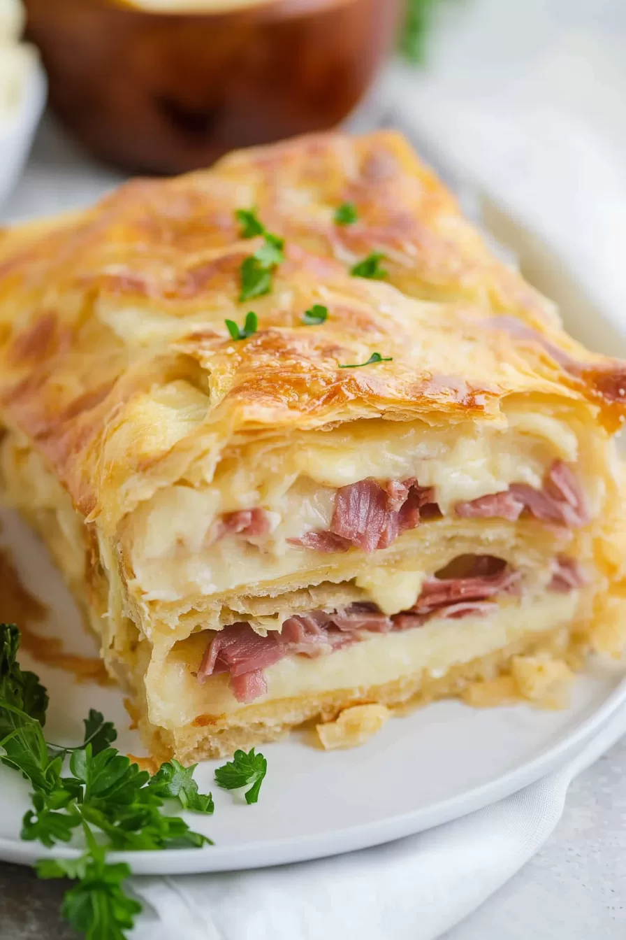 A serving of crescent Reuben bake plated with fresh herbs, highlighting the crispy top and rich, savory filling.