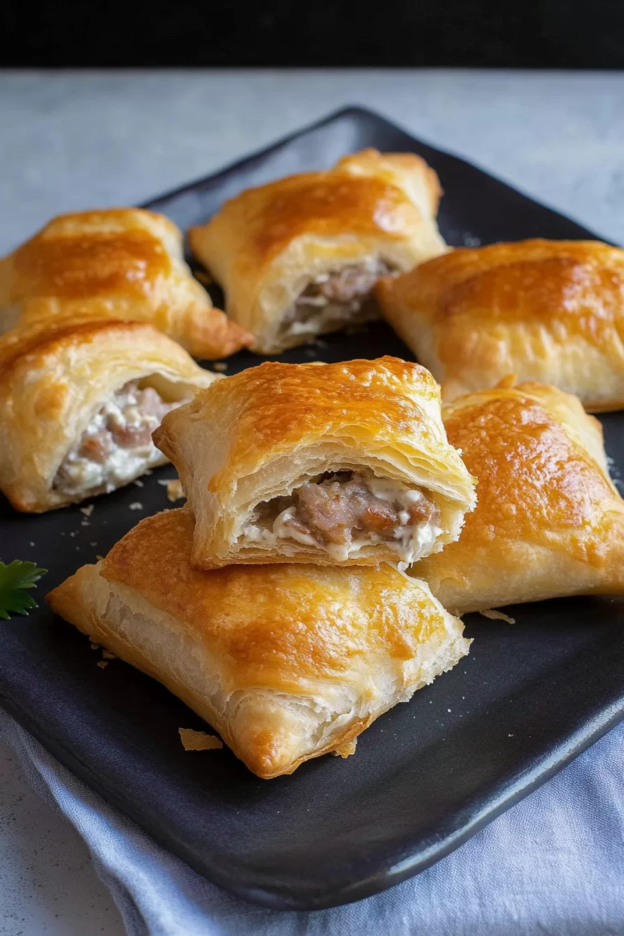 Golden-brown crescents filled with creamy sausage and cheese, arranged on a black plate for a delicious appetizer display.