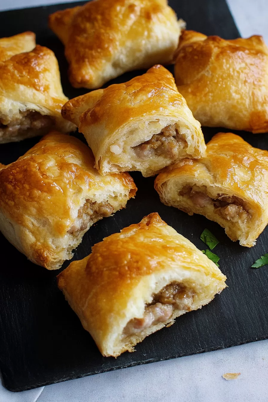 Close-up of flaky crescents showcasing the savory sausage and cream cheese filling, perfect for snacking.