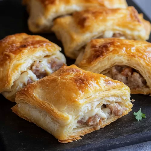 Puffed pastry crescents split open to reveal the creamy sausage filling, served on a slate platter.