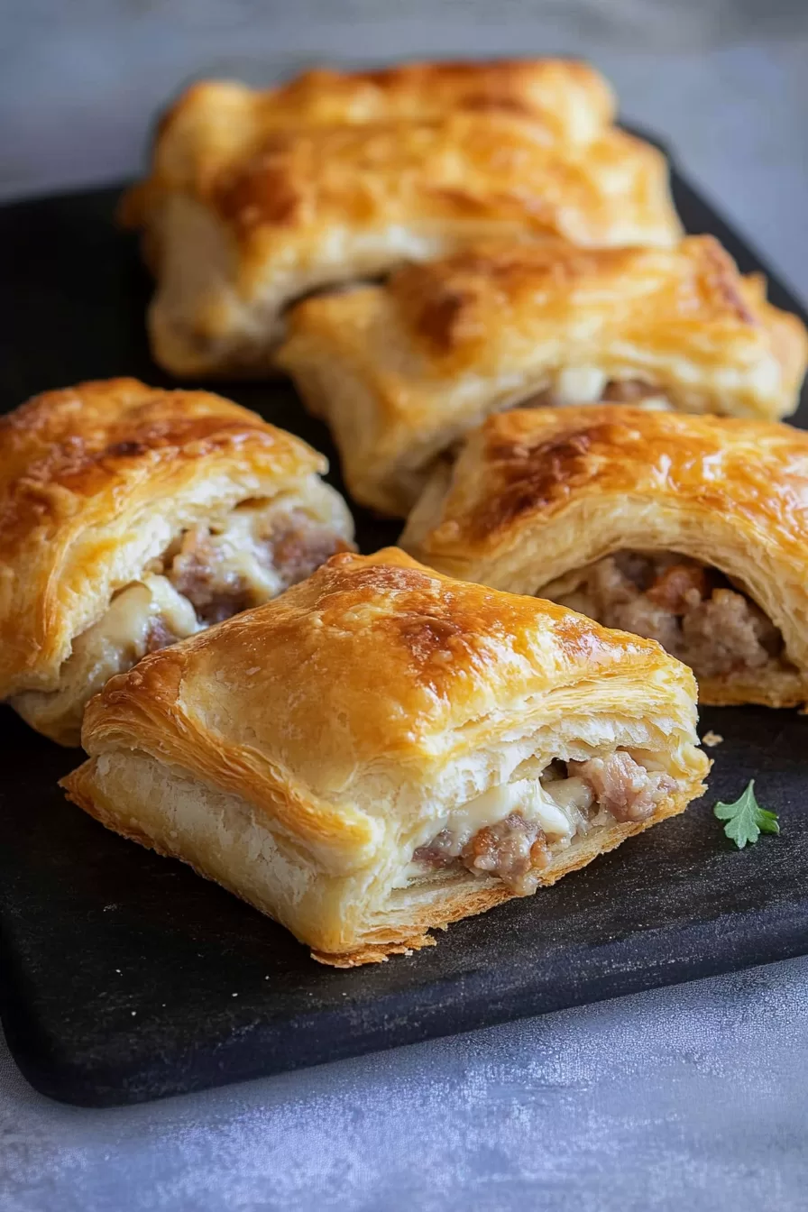 Puffed pastry crescents split open to reveal the creamy sausage filling, served on a slate platter.