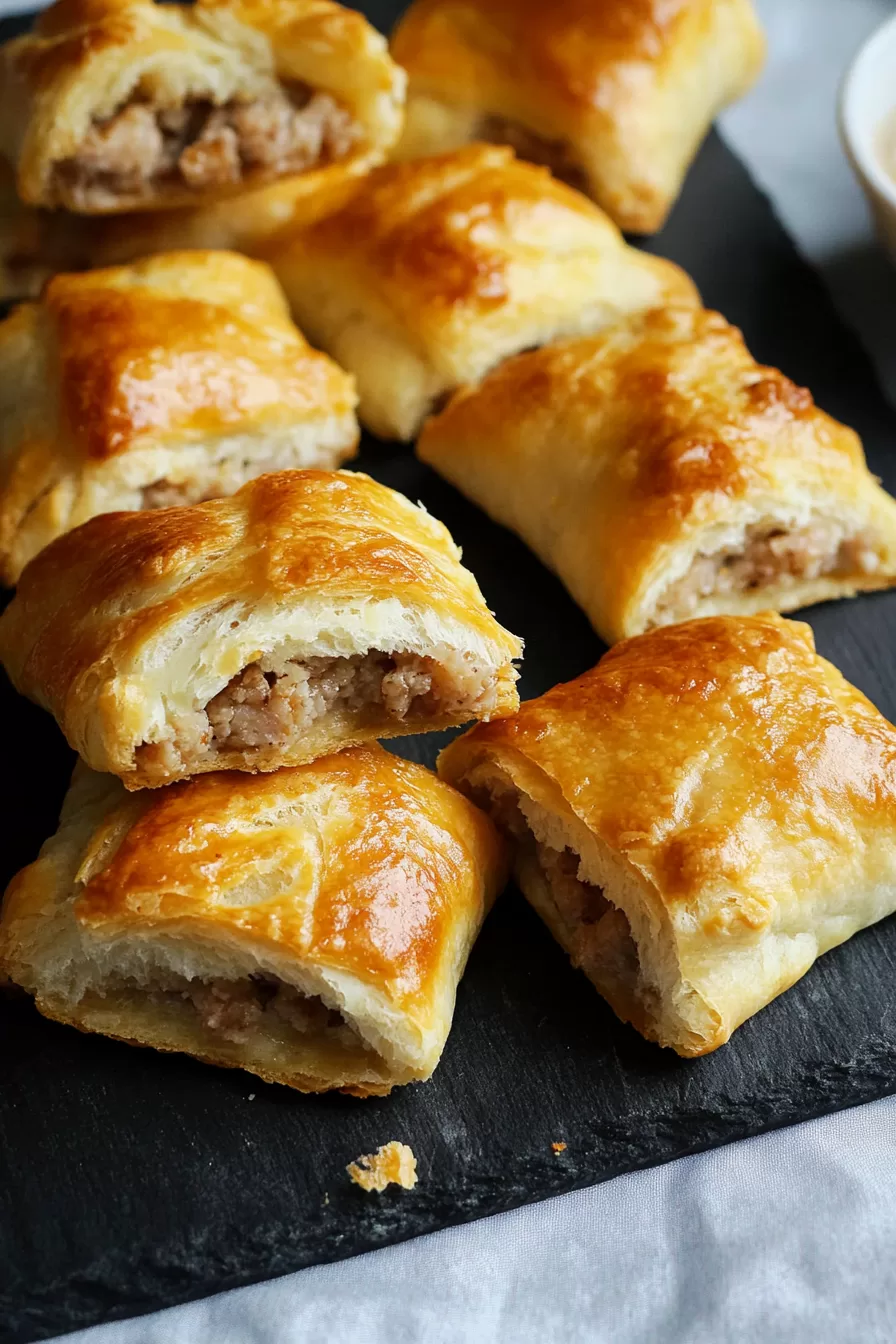 A platter of baked crescents glistening with a golden crust, ready to be served as a party treat.