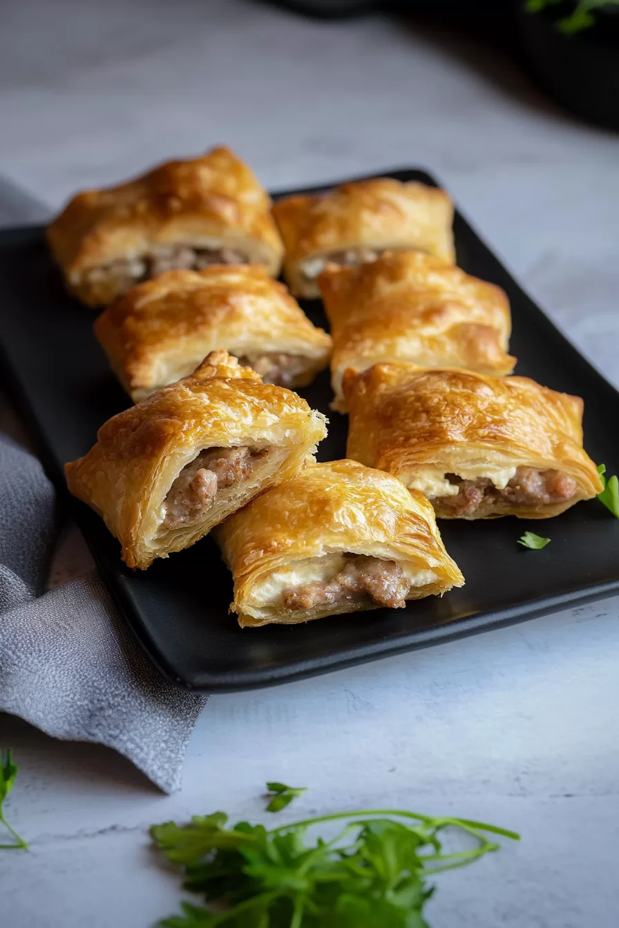 Flaky crescents stuffed with sausage and cream cheese, arranged beautifully on a serving plate for a tasty presentation.