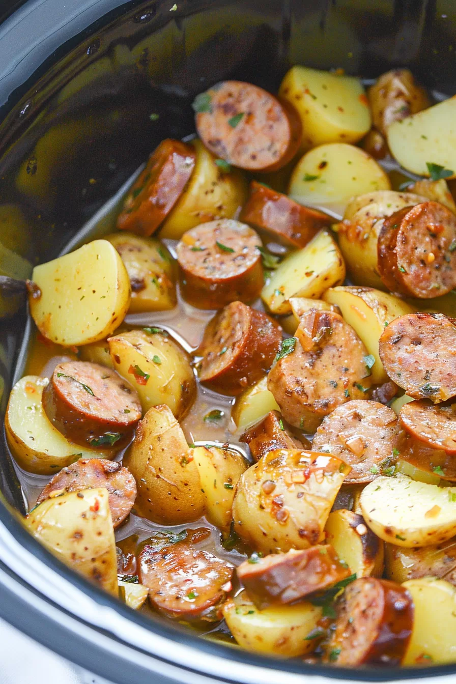 A close-up view of juicy sausage slices and tender potato chunks garnished with fresh parsley in a crockpot.