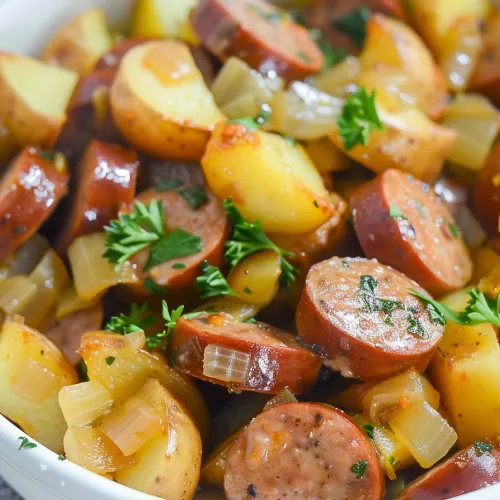 A bowl of hearty sausage and potato stew, perfect for a comforting meal.