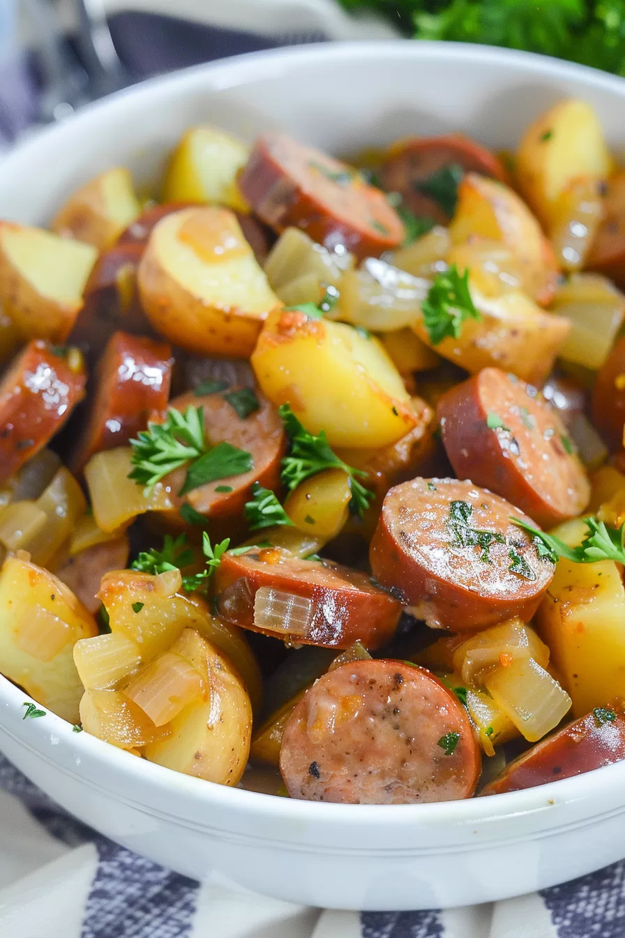 A bowl of hearty sausage and potato stew, perfect for a comforting meal.