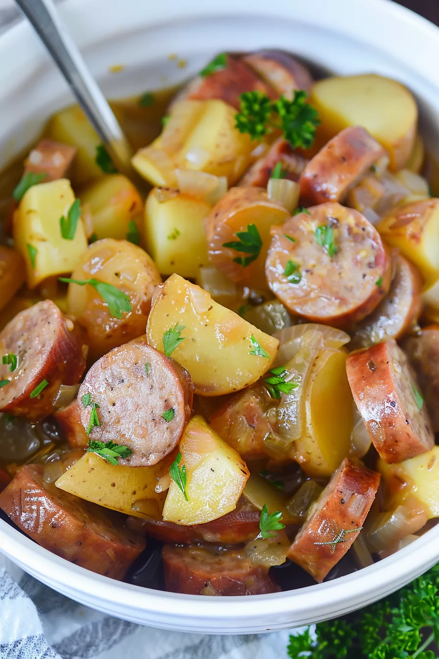 Slow-cooked sausage and potatoes served with onions and a flavorful broth.