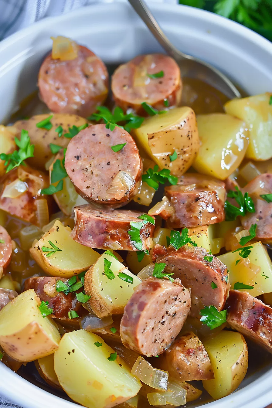 A crockpot filled with sliced sausage, baby potatoes, and seasonings for a savory dinner.