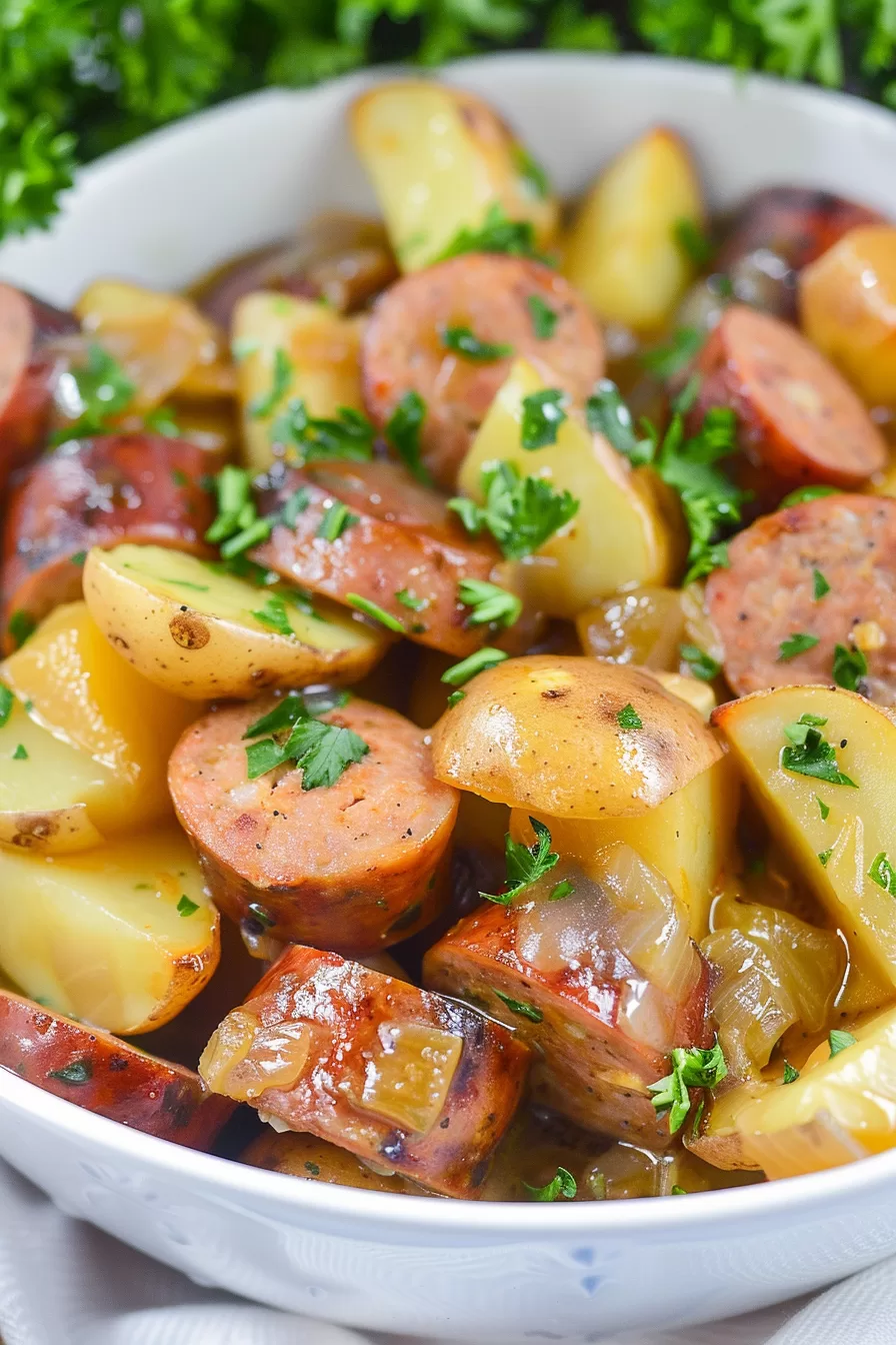 Tender potatoes and browned sausage slices glistening in a rich, herby sauce.