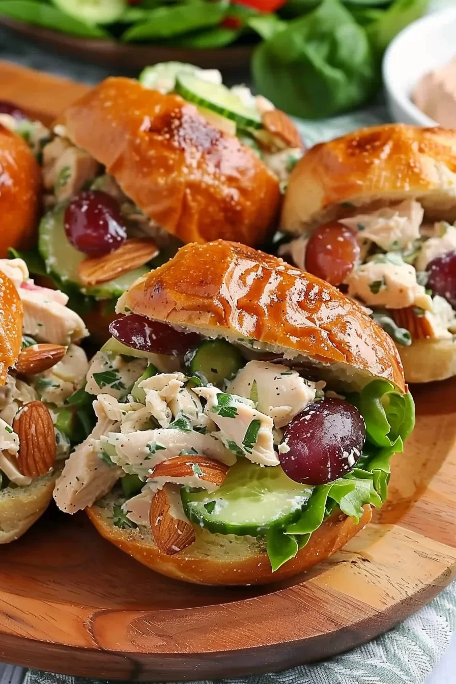 A platter of deli-style chicken salad sliders garnished with vibrant lettuce and fresh cucumber slices.