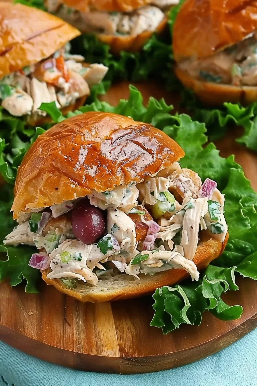 Top view of a serving tray filled with chicken salad sandwiches arranged neatly on a bed of fresh greens.