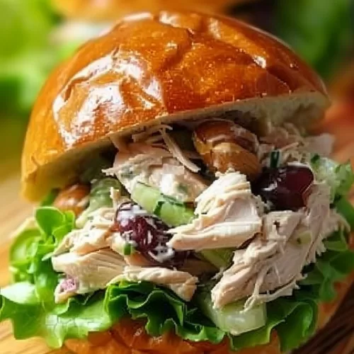 Single chicken salad sandwich showcasing creamy chicken filling with a mix of grapes and nuts, served on a glossy bun.