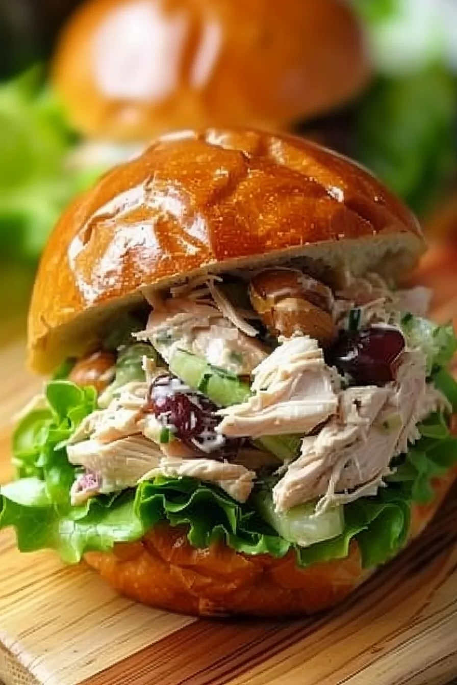 Single chicken salad sandwich showcasing creamy chicken filling with a mix of grapes and nuts, served on a glossy bun.