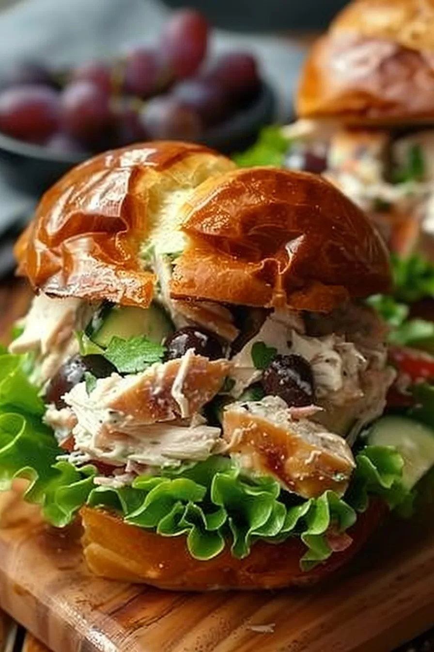 Delicious chicken salad sandwich featuring tender chicken, crunchy almonds, and juicy grapes, styled for a lunch spread.