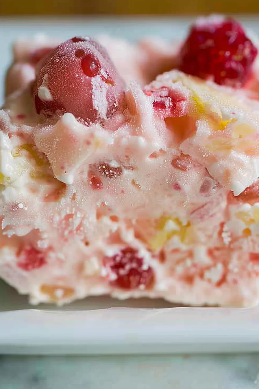 A close-up view of a creamy frozen dessert loaded with colorful fruits like strawberries and pineapple, served on a white plate.