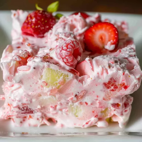 A square slice of frozen fruit salad on a white plate, highlighting the combination of whipped cream and juicy fruit chunks.