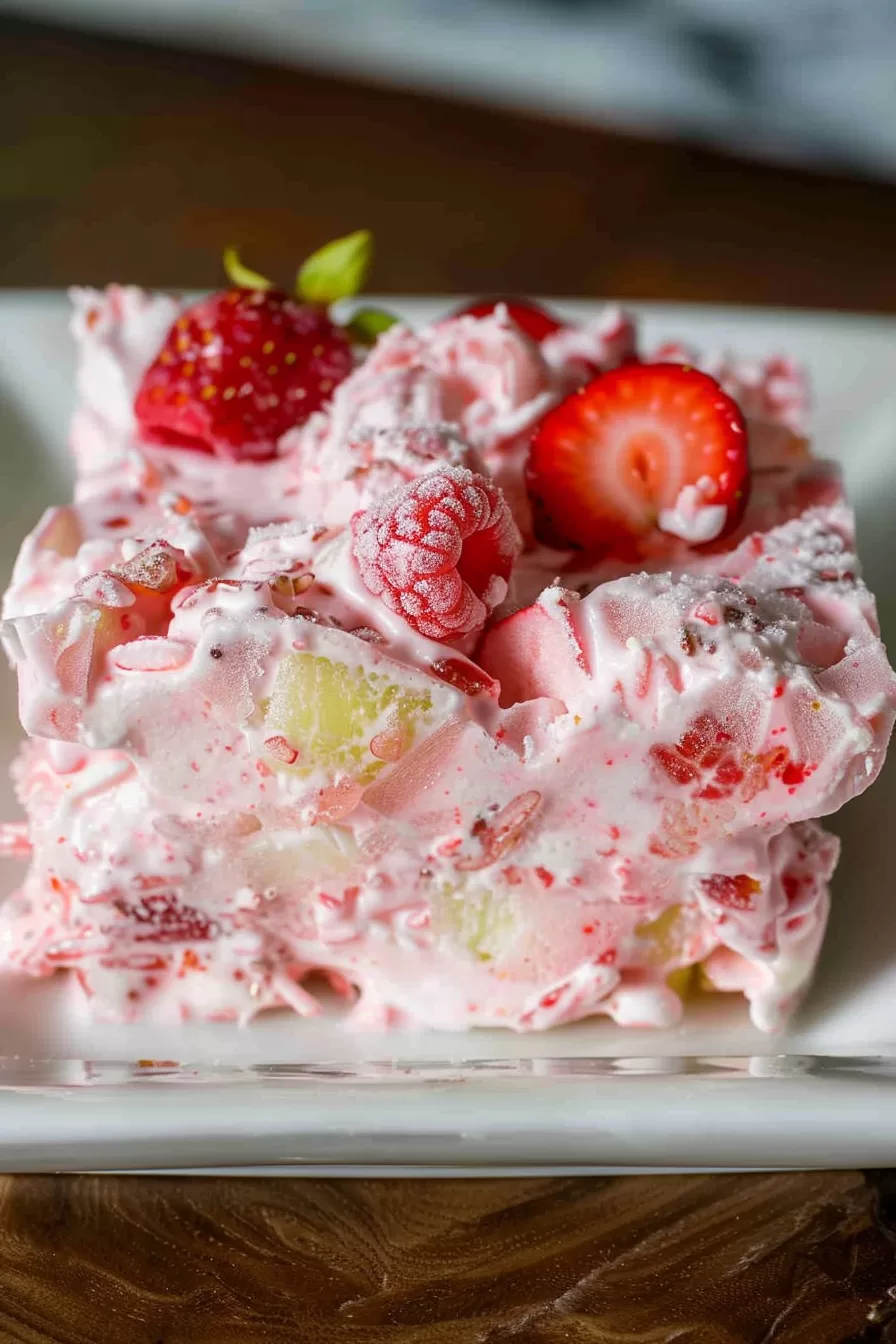 A square slice of frozen fruit salad on a white plate, highlighting the combination of whipped cream and juicy fruit chunks.