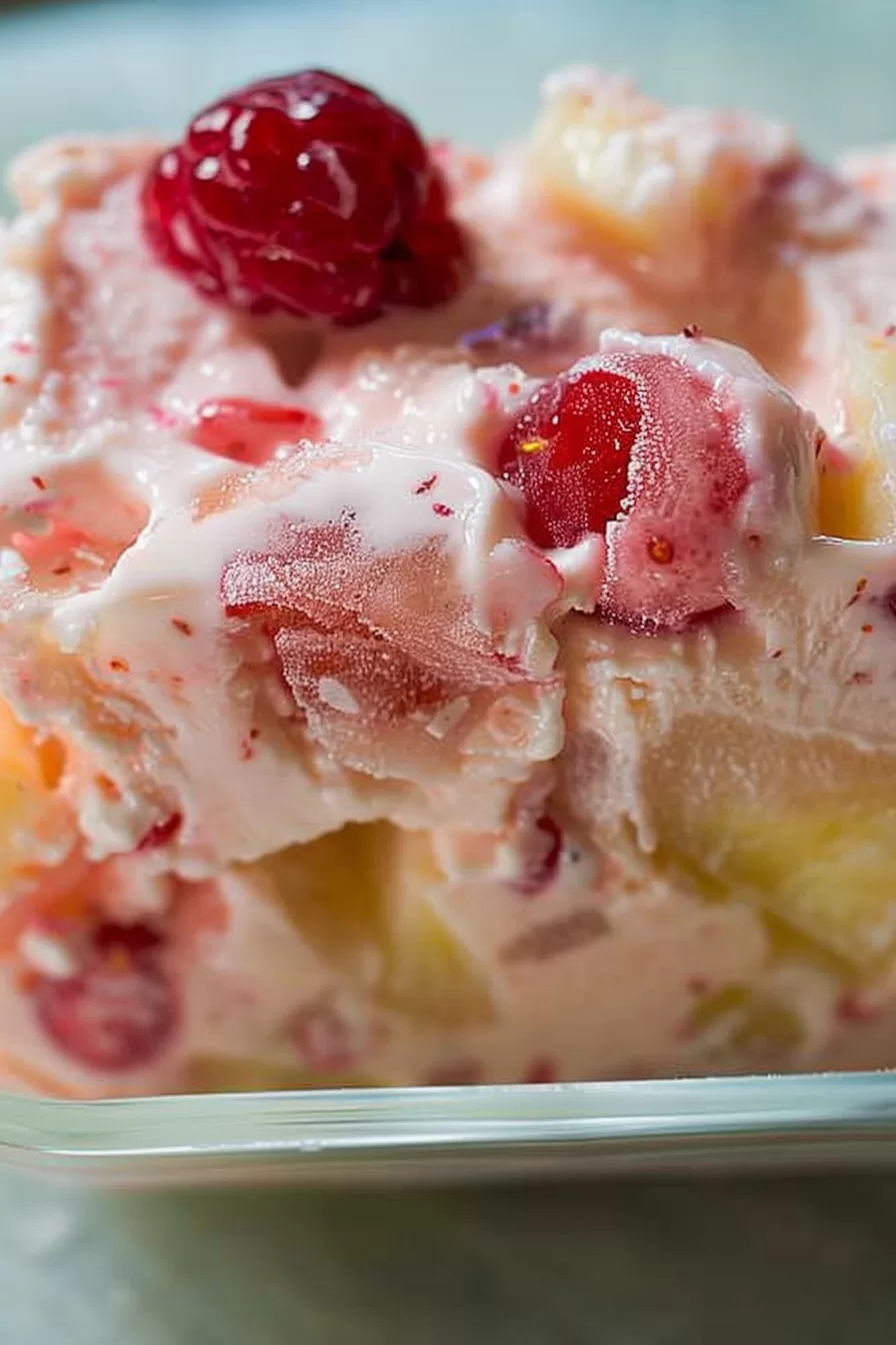 A frozen dessert with bright red cherries and tropical fruits, served as a refreshing summer treat.