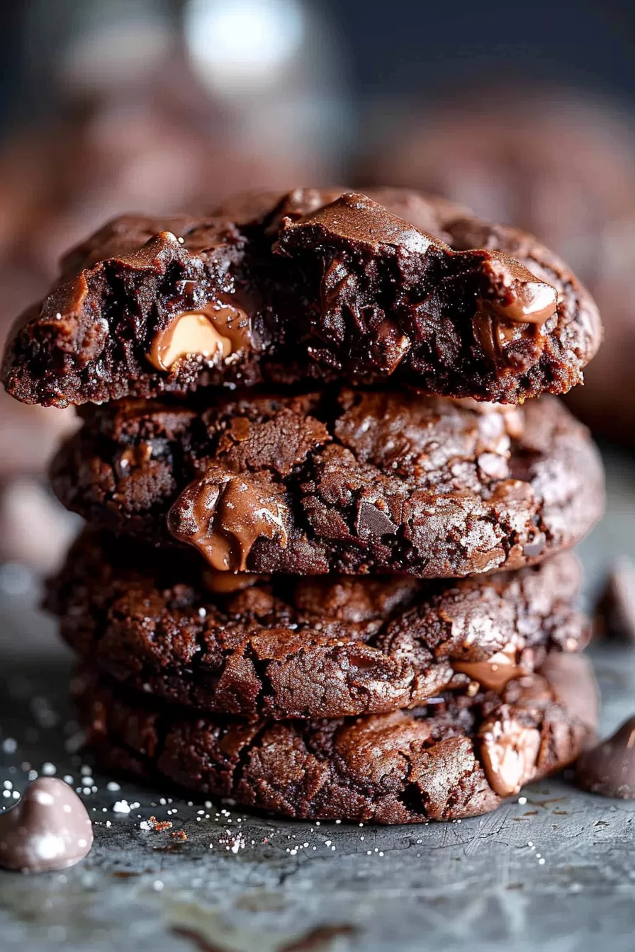 Close-up view of gooey chocolate brownie cookies with melted chocolate chips.