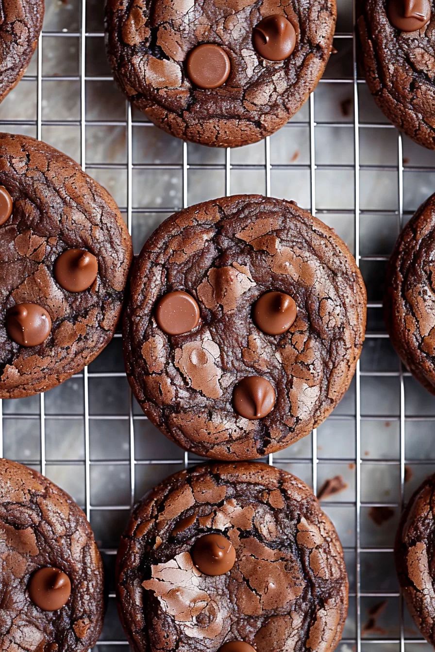 Freshly baked brownie cookies cooling on a wire rack, glistening with melted chocolate.