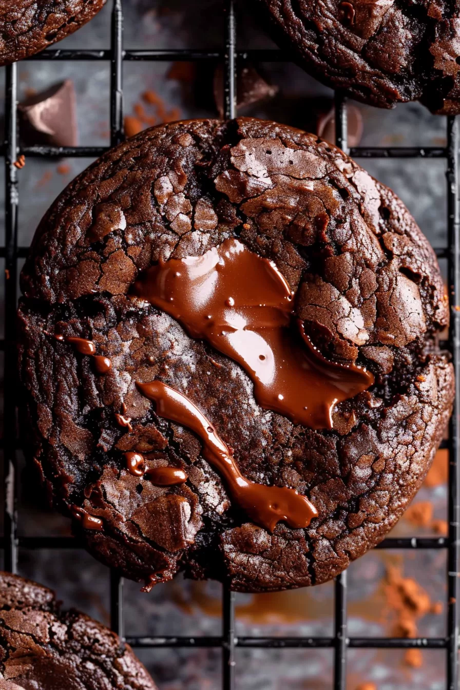 A single chocolate cookie with a glossy, cracked surface and gooey chocolate oozing out.