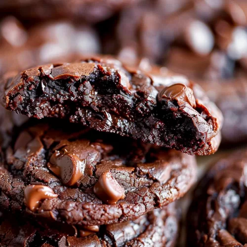 A stack of rich, fudgy cookies with a bite taken out of the top one, showcasing the soft interior.