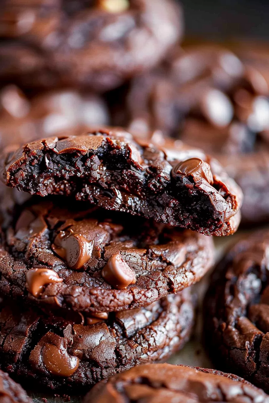 A stack of rich, fudgy cookies with a bite taken out of the top one, showcasing the soft interior.