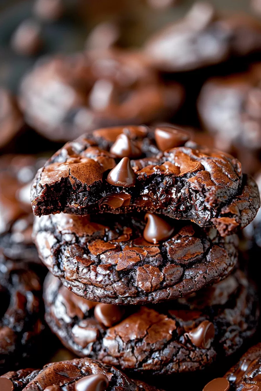 A dense, chocolate-loaded cookies with shiny chocolate chunks visible.