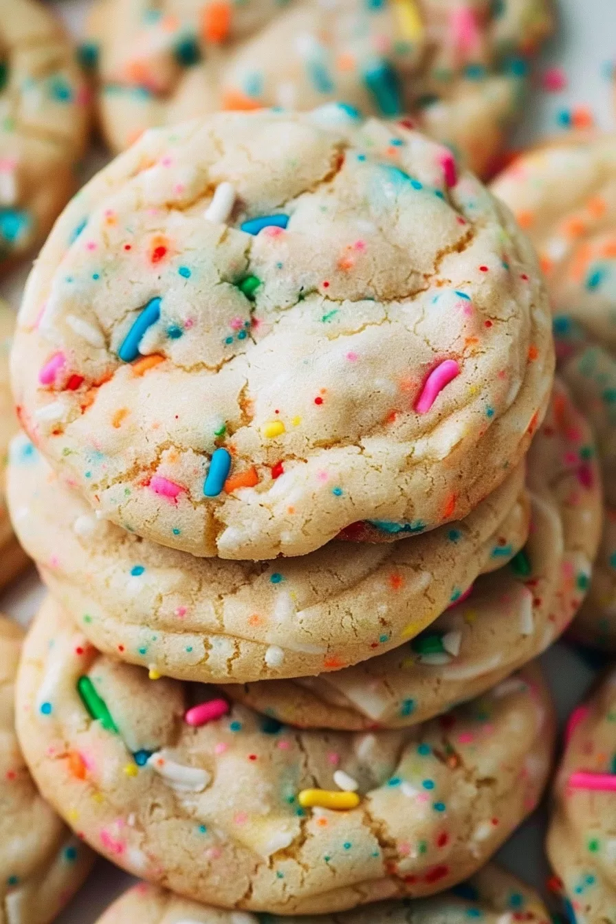 A stack of freshly baked cookies with colorful sprinkles, soft and chewy texture visible.