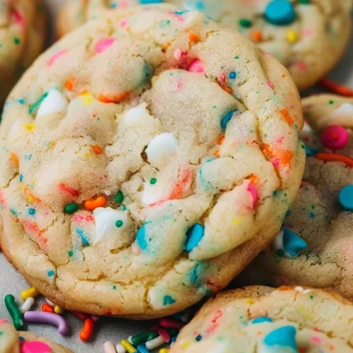 Close-up of a single cookie showcasing vibrant sprinkles and golden edges.