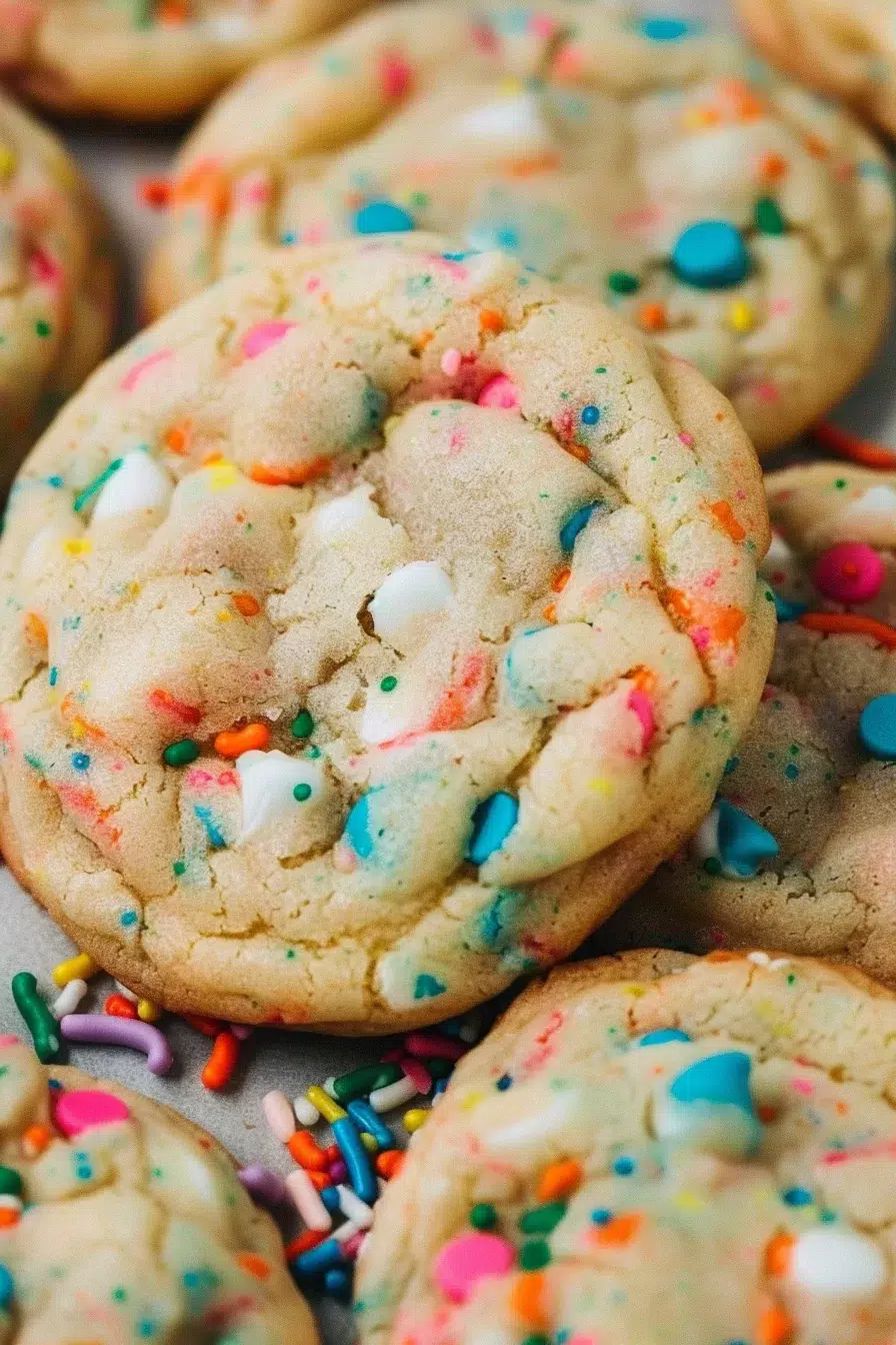 Close-up of a single cookie showcasing vibrant sprinkles and golden edges.