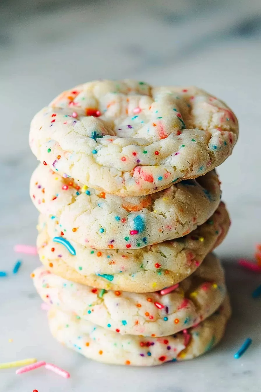 A tower of cookies, highlighting the soft, slightly cracked tops and colorful bursts of sprinkles.