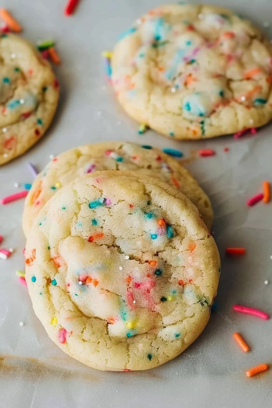 Three cookies arranged neatly on parchment paper, surrounded by scattered sprinkles.