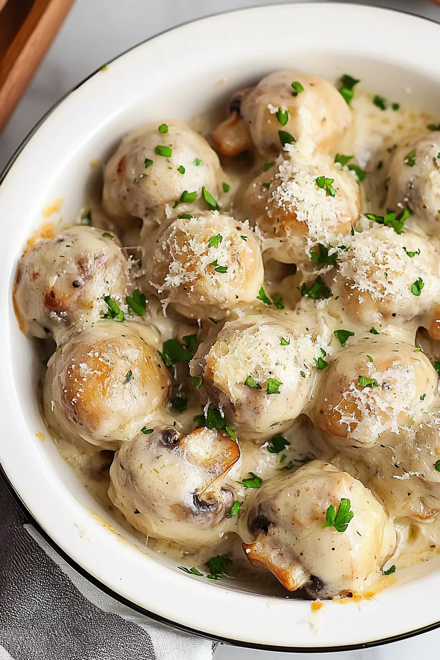 Close-up of creamy garlic mushrooms garnished with fresh parsley, served in a white bowl.