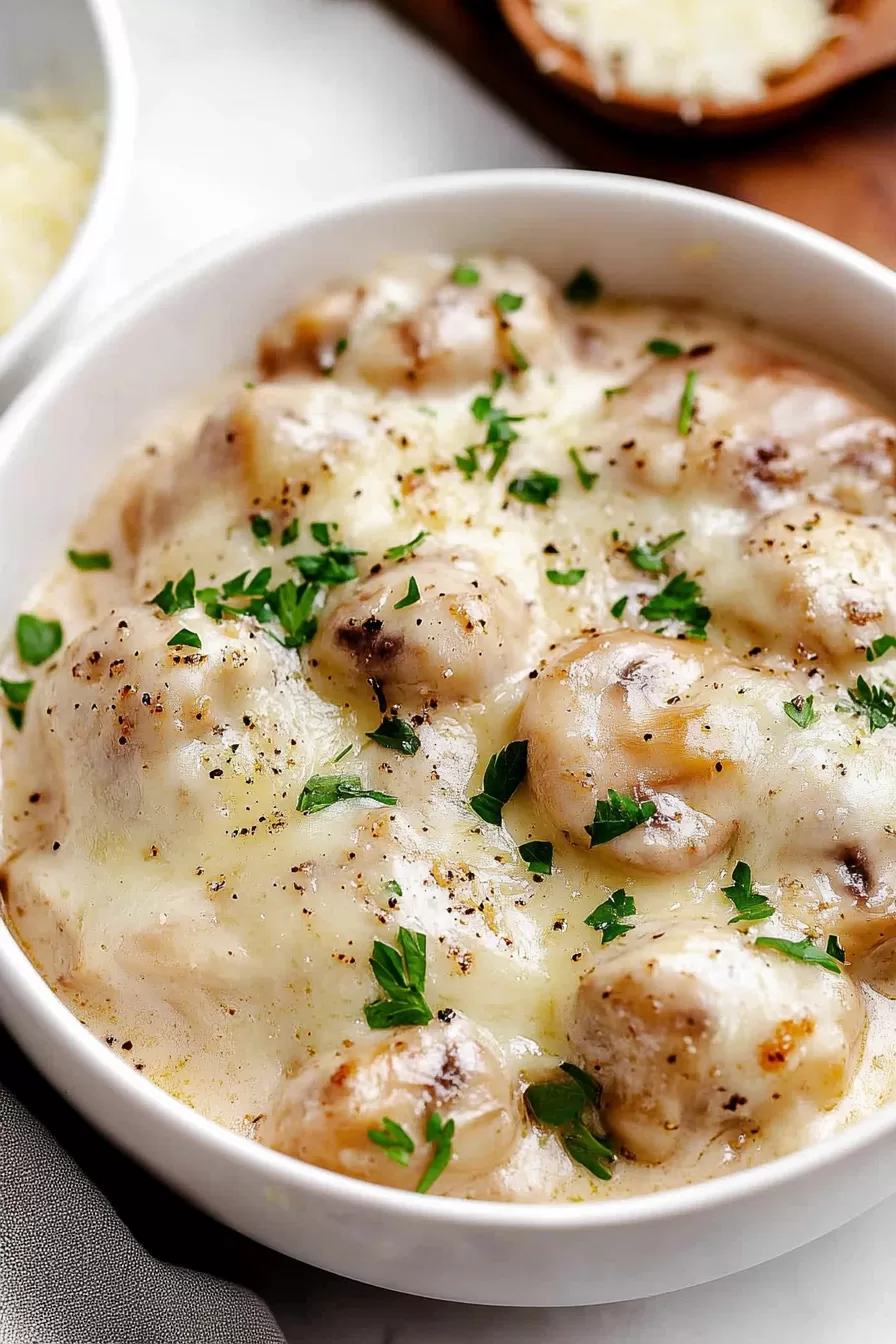 A hearty serving of parmesan-coated mushrooms in a rich garlic sauce, topped with parsley.